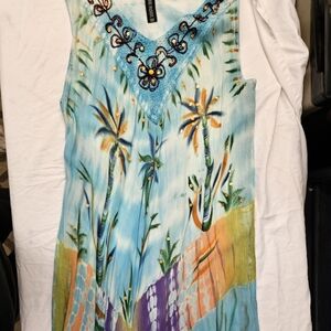 True Rock Free Size Boho Palm Tree Beaded V Neck Tunic Dress